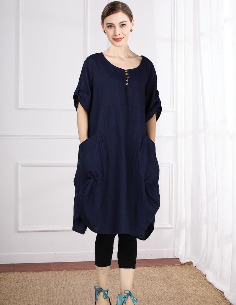 Minibee Women's Ruffle Oversize Casual Midi Dresses with Pockets Navy Blue M - Image 1